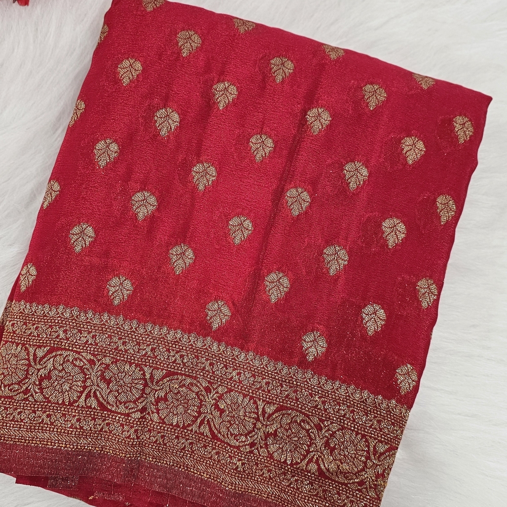 Red and Gold Leaf Patterned Semi Silk Saree